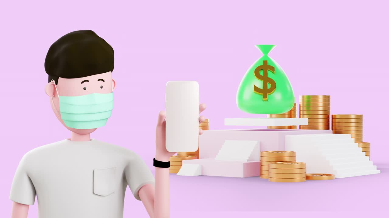 3d动画人戴面具脸显示智能手机白屏磨砂，促销，广告，金融，金钱，投资。视频素材