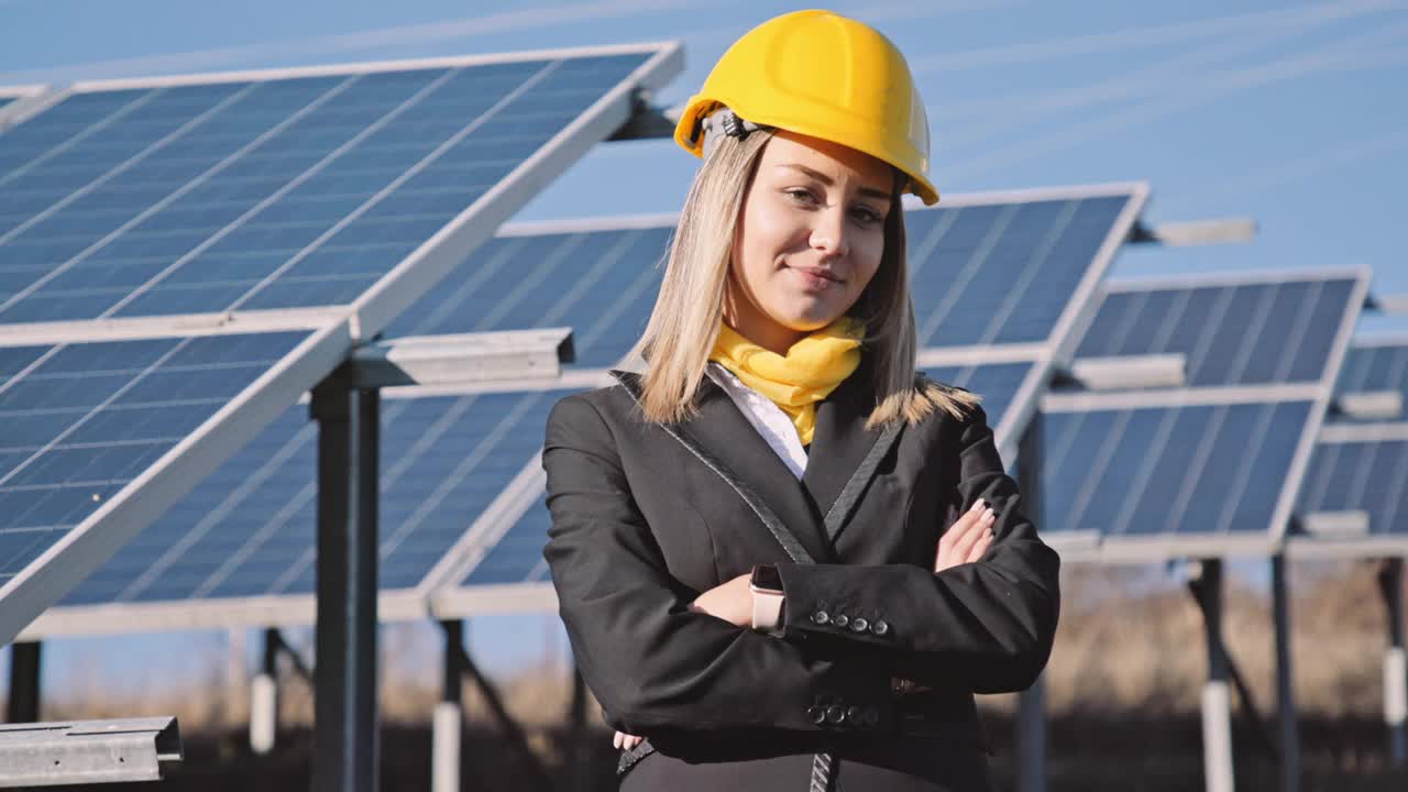 在太阳能发电厂工作的女工程师。可再生能源系统。太阳能城市。视频下载