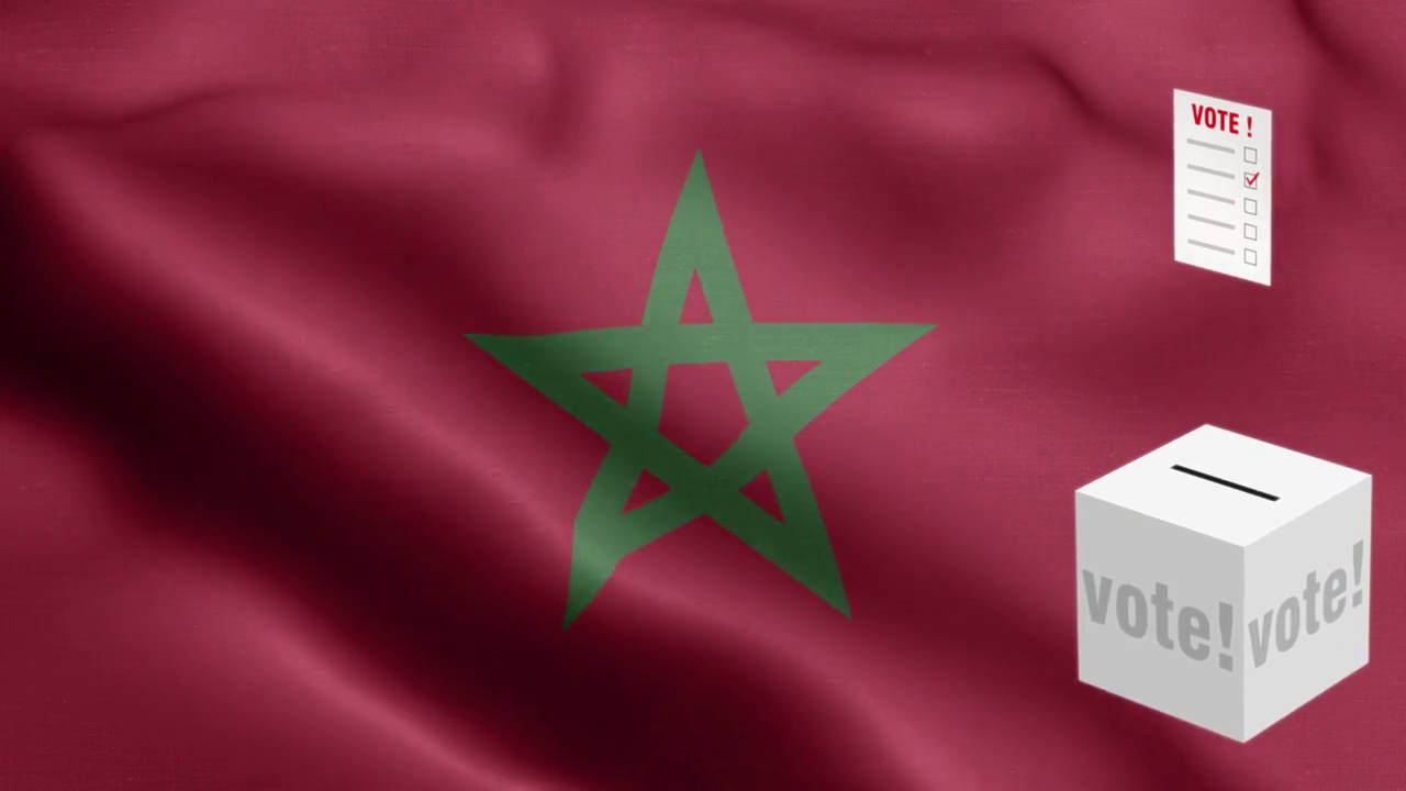 投票箱飞摩洛哥选择-投票箱在国旗前-选举-投票-摩洛哥国旗-摩洛哥国旗高细节-国旗摩洛哥波图案循环元素-织物纹理和无尽的循环视频下载