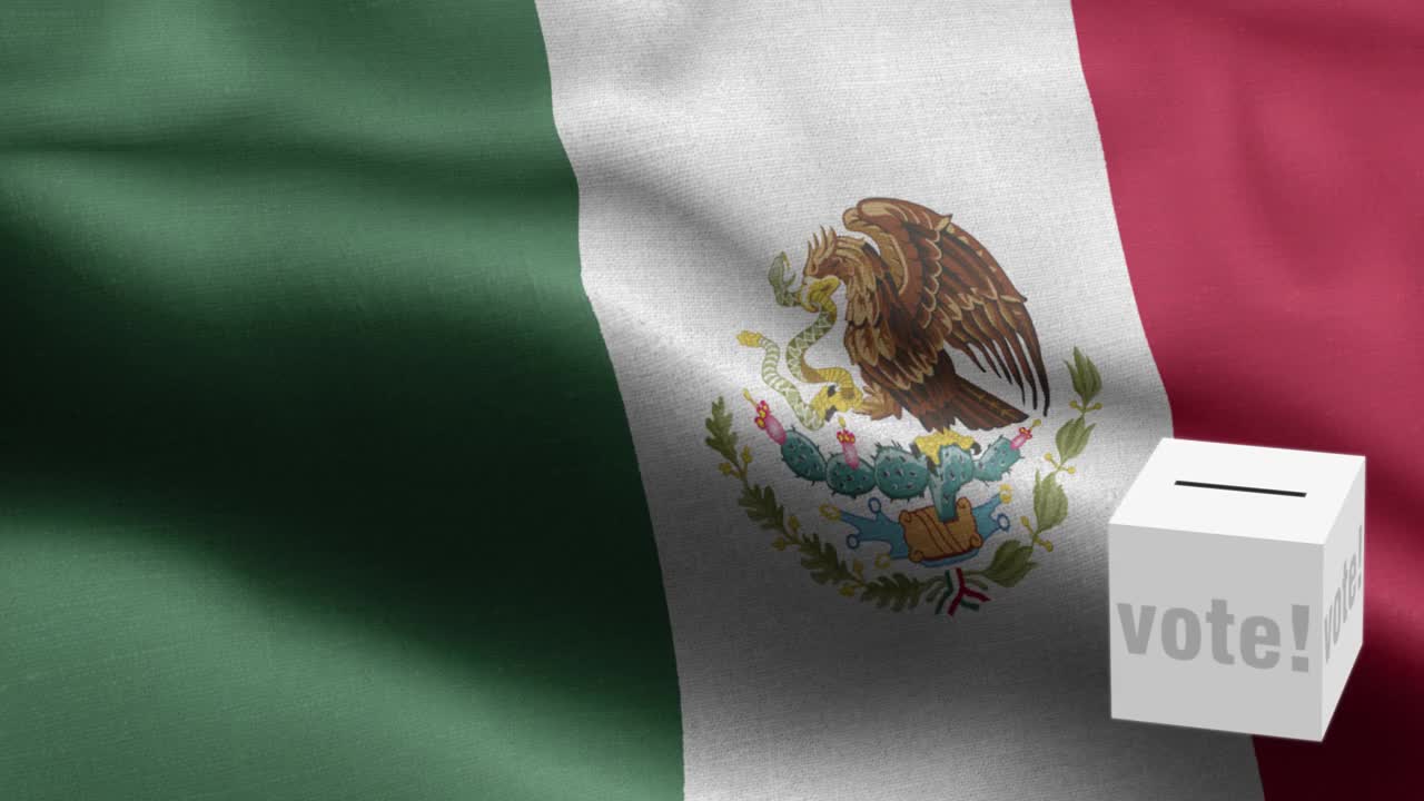 选票飞到盒子为墨西哥选择-票箱在国旗前-选举-投票-墨西哥国旗-墨西哥国旗高细节-国旗墨西哥波图案循环元素-织物纹理和无尽的循环视频下载