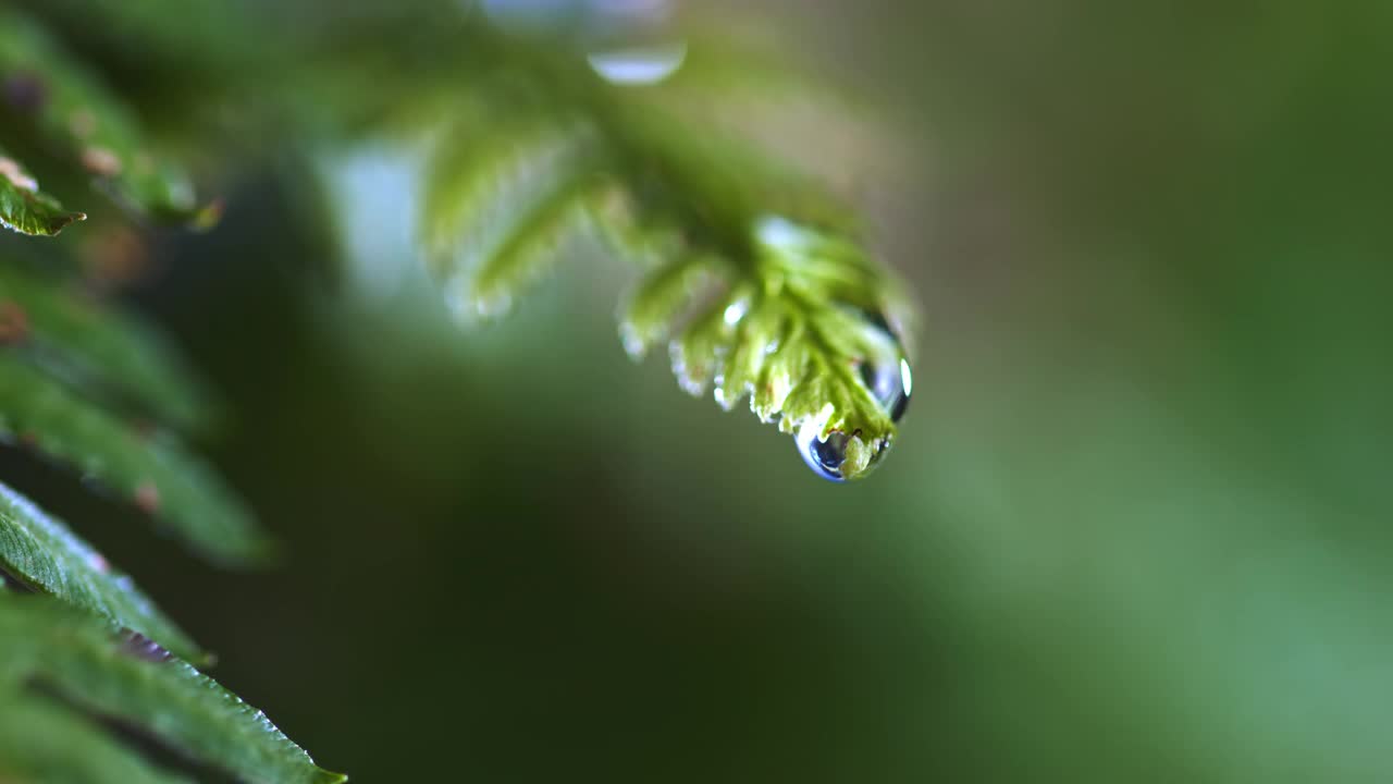 一颗蕨类植物叶子上落下的水滴视频下载