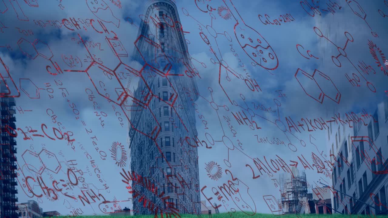城市景观背景上的化学公式动画视频下载