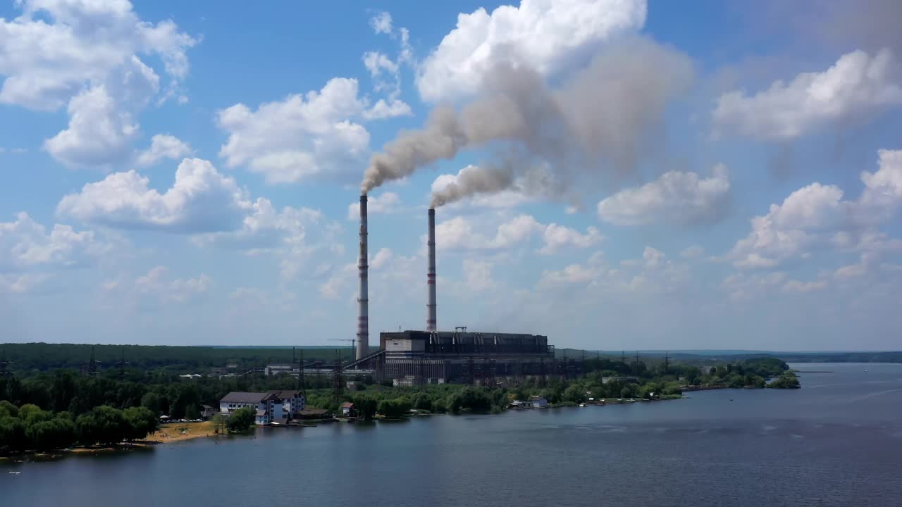 工厂里的烟斗。工厂两个烟囱冒出的烟污染了空气视频素材