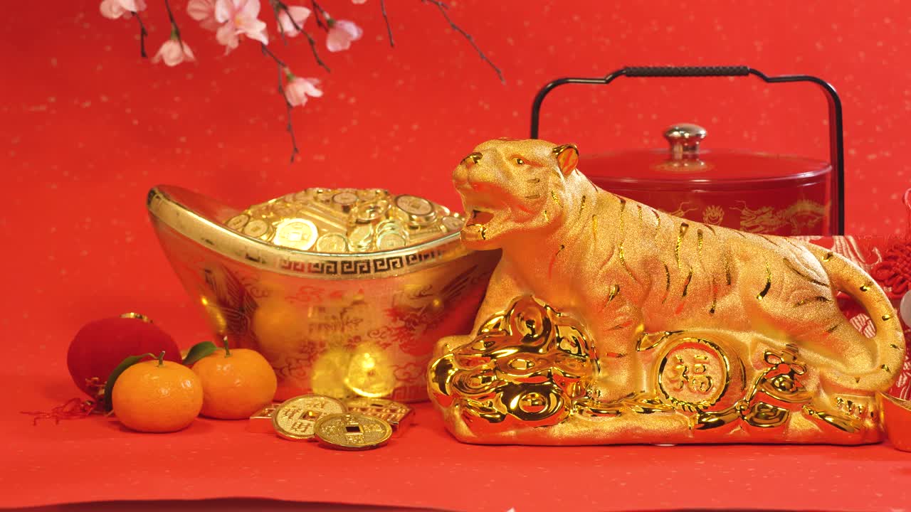 中国传统的金虎雕像，2022年是虎年，中文翻译:好运视频素材