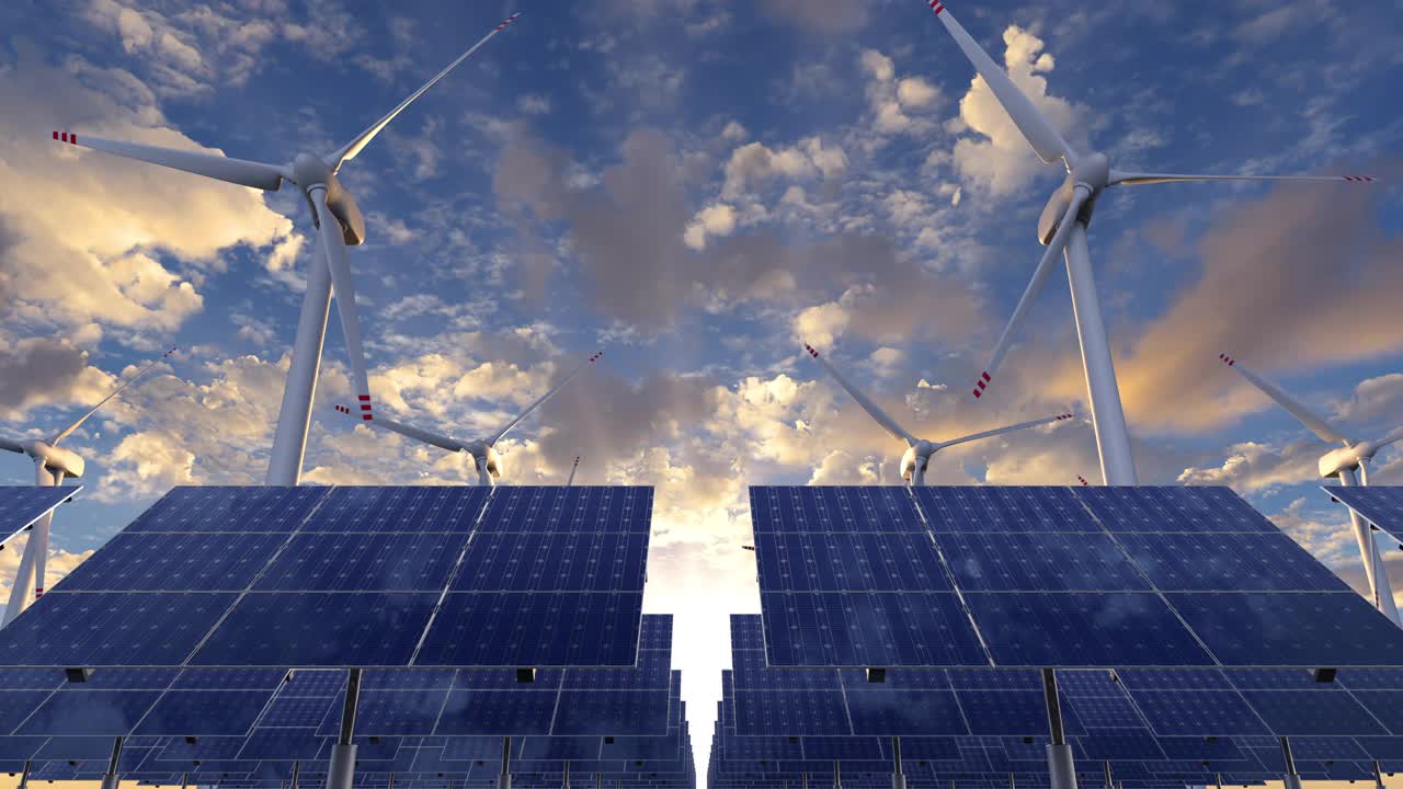 风力涡轮机和高效太阳能电池板的替代能源生产视频下载