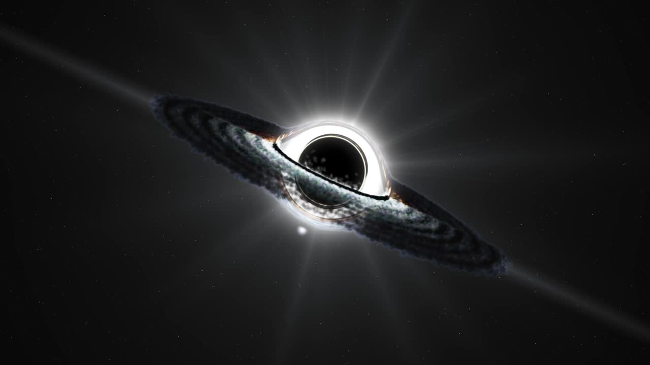 超大质量黑洞的三维动画，黑暗星系星云区域的明亮黑洞，在深空旋转的电影镜头，概念空间背景。科幻图像，引力透镜，事件视界上物质的吸积盘视频下载