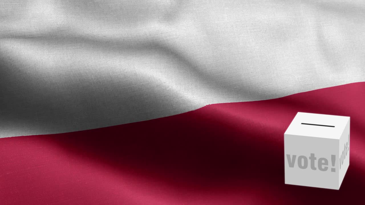 选票飞到盒子为波兰选择-投票箱在国旗前-选举-投票-波兰国旗-波兰国旗高细节-国旗波兰波图案循环元素-织物纹理和无尽的循环视频素材