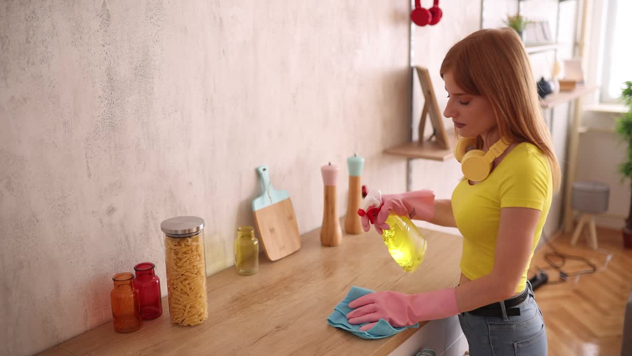 一位妇女在擦拭厨房台面视频下载