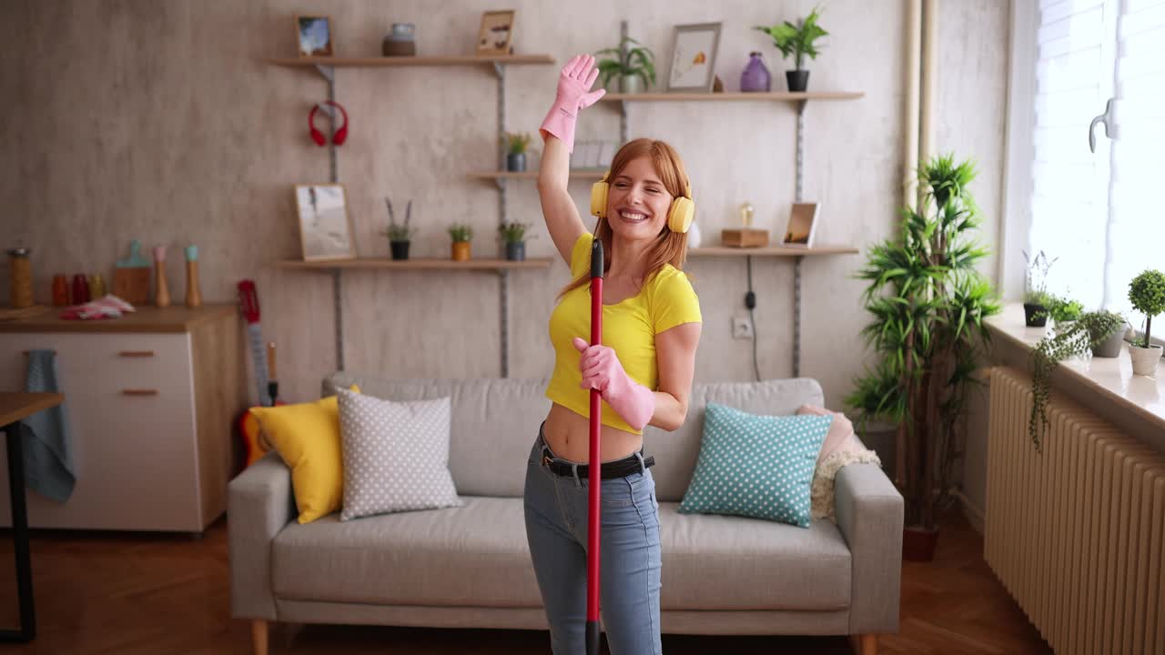 快乐的女人打扫房子和跳舞视频素材