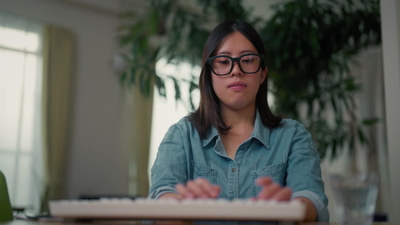 年轻女子戴着智能眼镜，在增强现实超空间工作视频下载