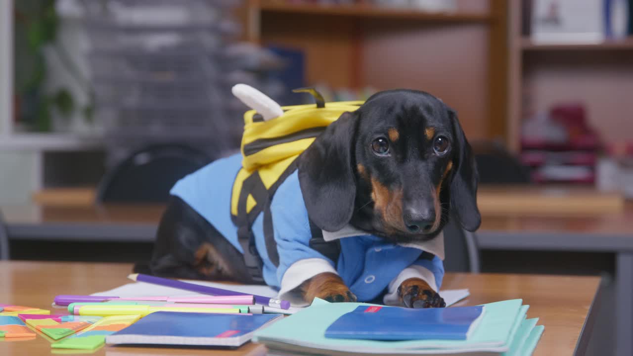 教室里，一只背着双肩包，穿着蓝色套装的腊肠犬躺在木桌上，旁边是零散的学习用品视频素材