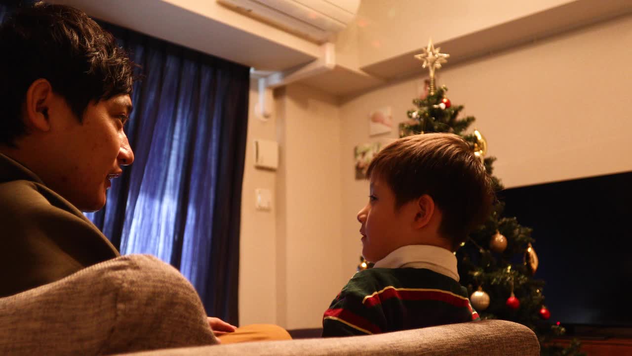 在装饰着圣诞树的客厅里，一对父子坐在沙发上轻声交谈视频下载