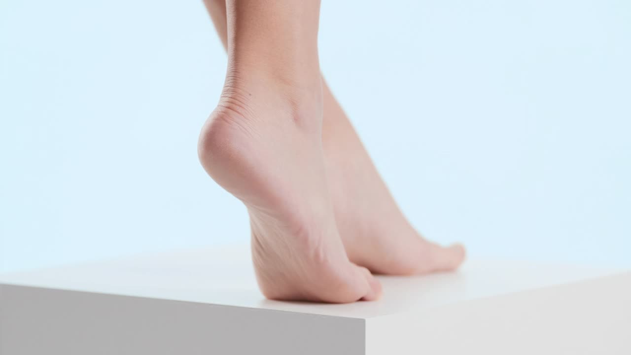 女人用脚尖触到了白色的方形平台视频下载