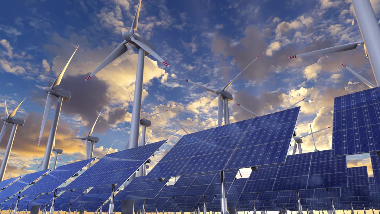 太阳能和风车农场在早晨的太阳动画生产可再生能源视频下载