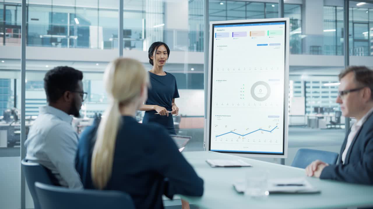 女运营经理为一组经济学家做会议报告。亚洲女性使用数字白板进行增长分析，图表，统计和数据。在商务办公室工作的人。视频下载