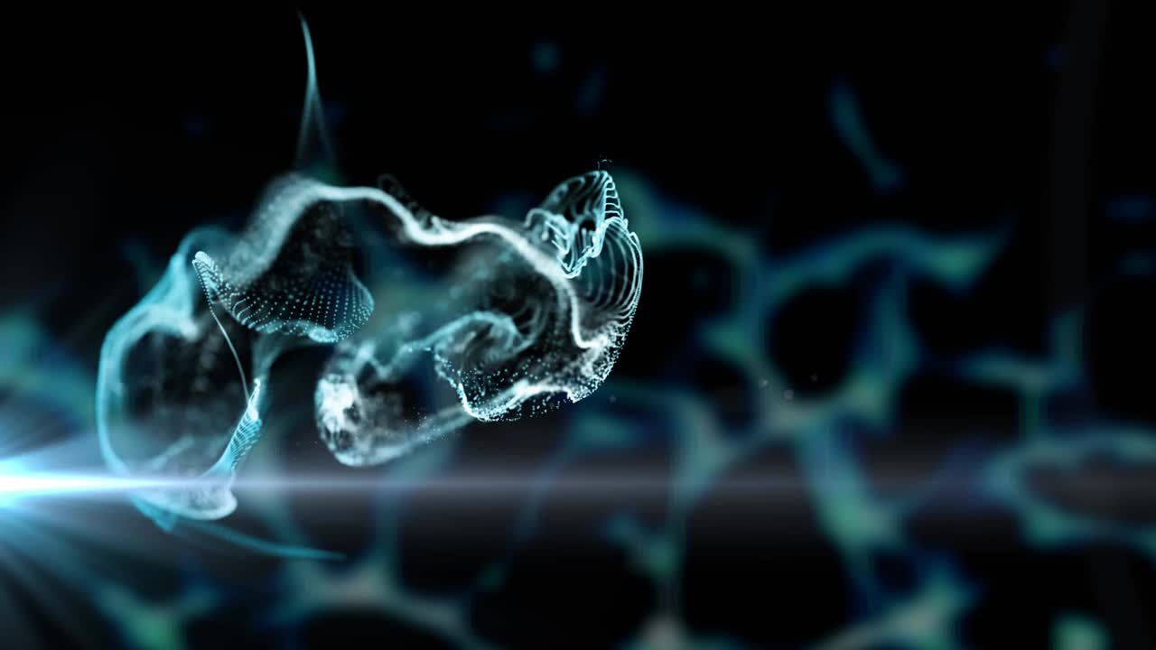 动画的白色和蓝色的粒子云移动在黑色的背景视频下载