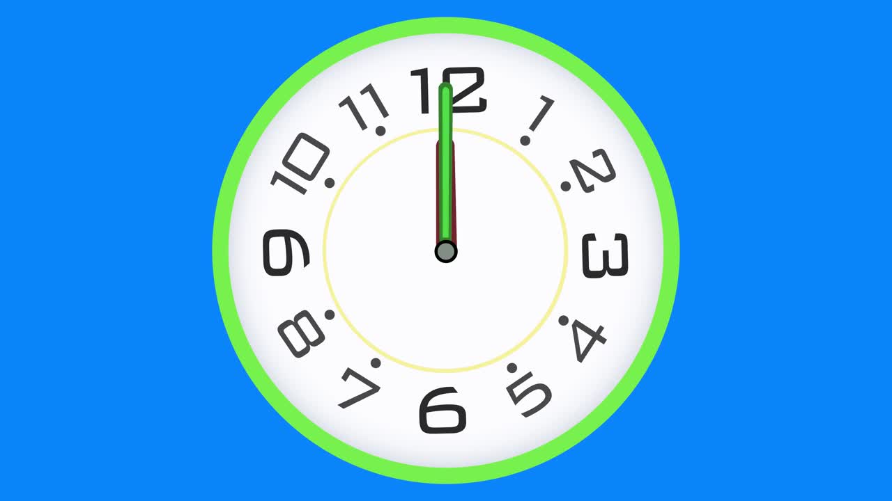 蓝色屏幕上的时钟延时移动得很快。时间中午12点到中午12点快跑。模拟时钟经过12小时。Loopable视频下载