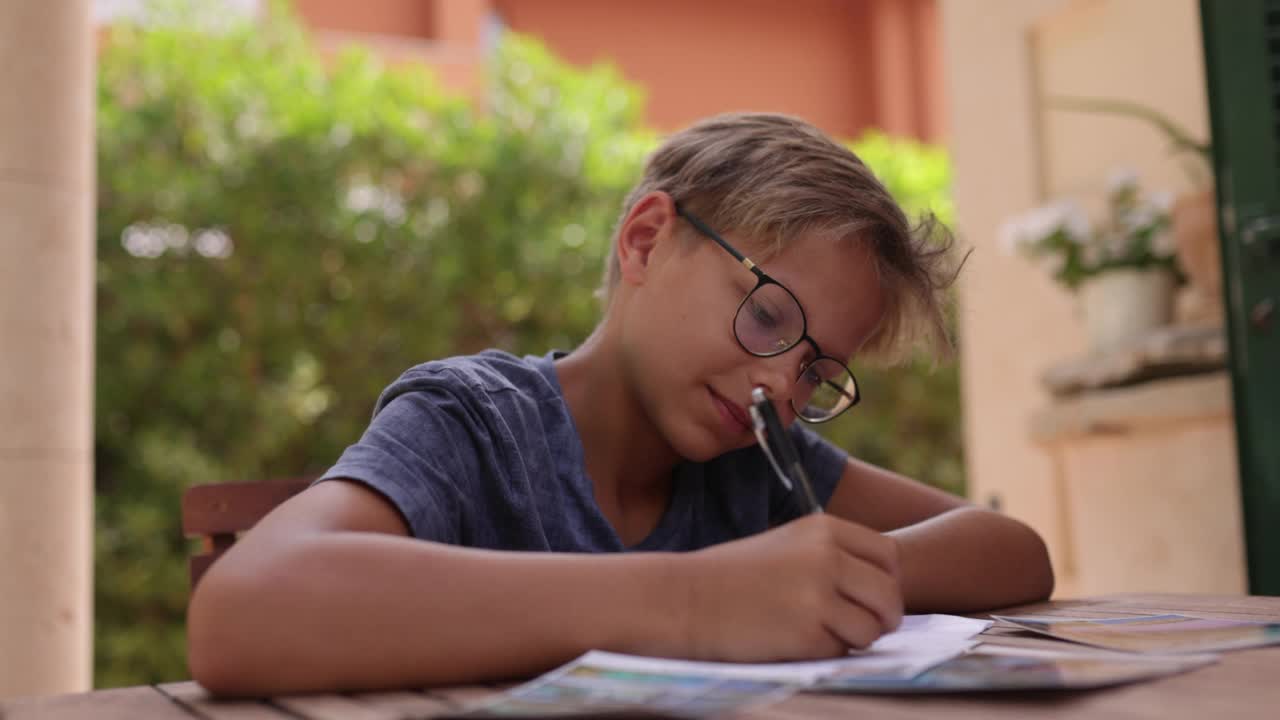 一个十几岁的男孩坐在后院的桌子旁写明信片视频下载