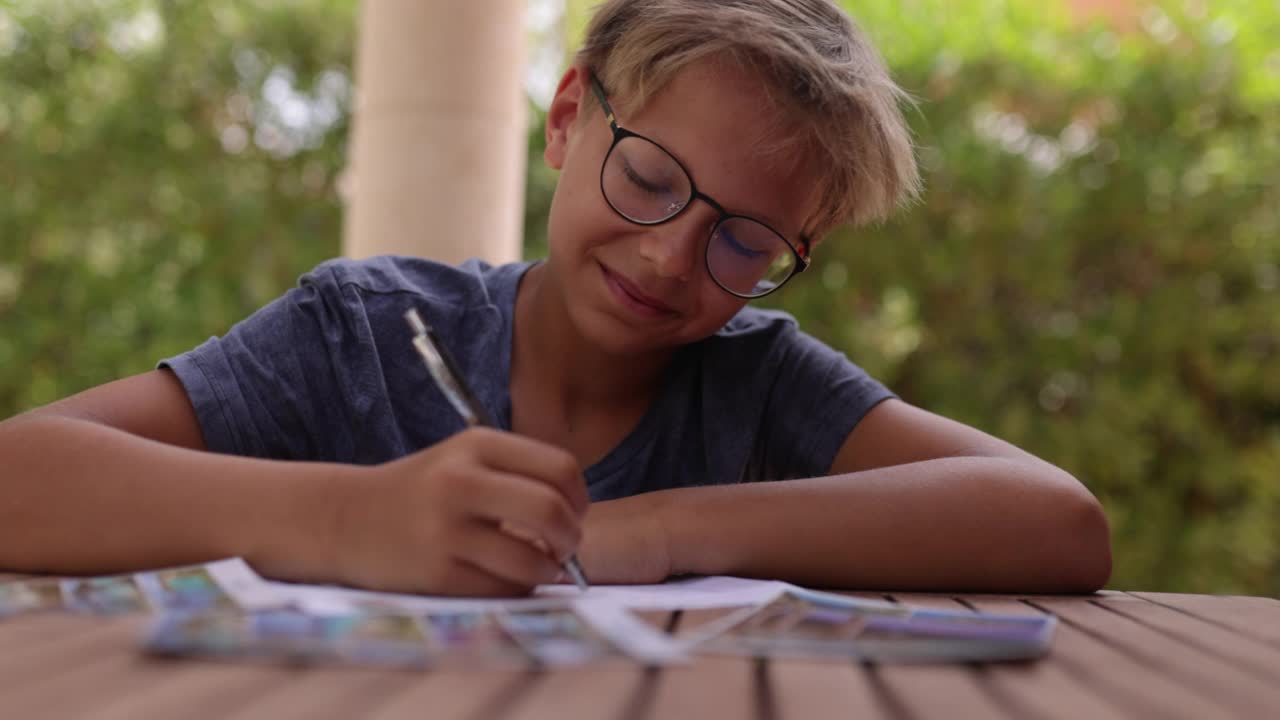 一个十几岁的男孩坐在后院的桌子旁写明信片视频下载