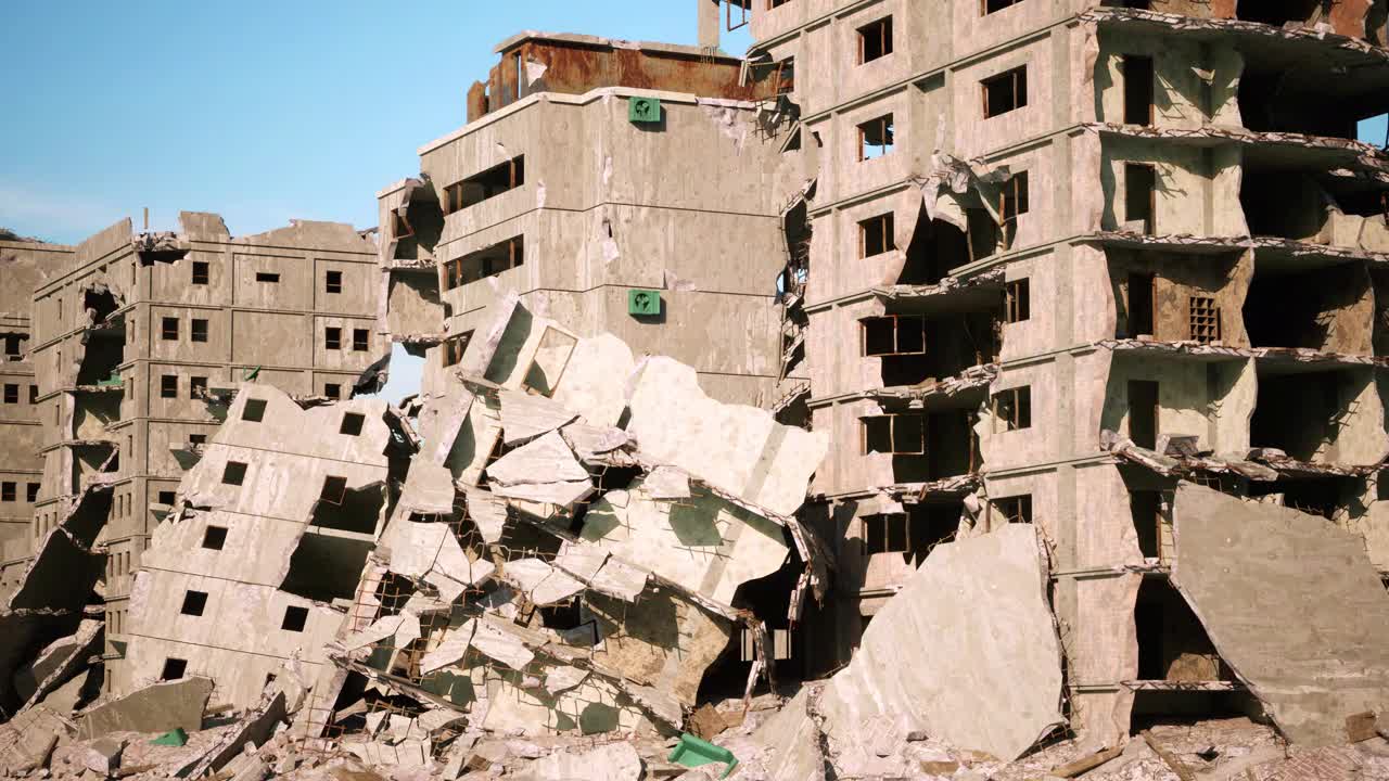 在战争和冲突中被原子弹摧毁的多层建筑的破坏和破坏的特写视频素材