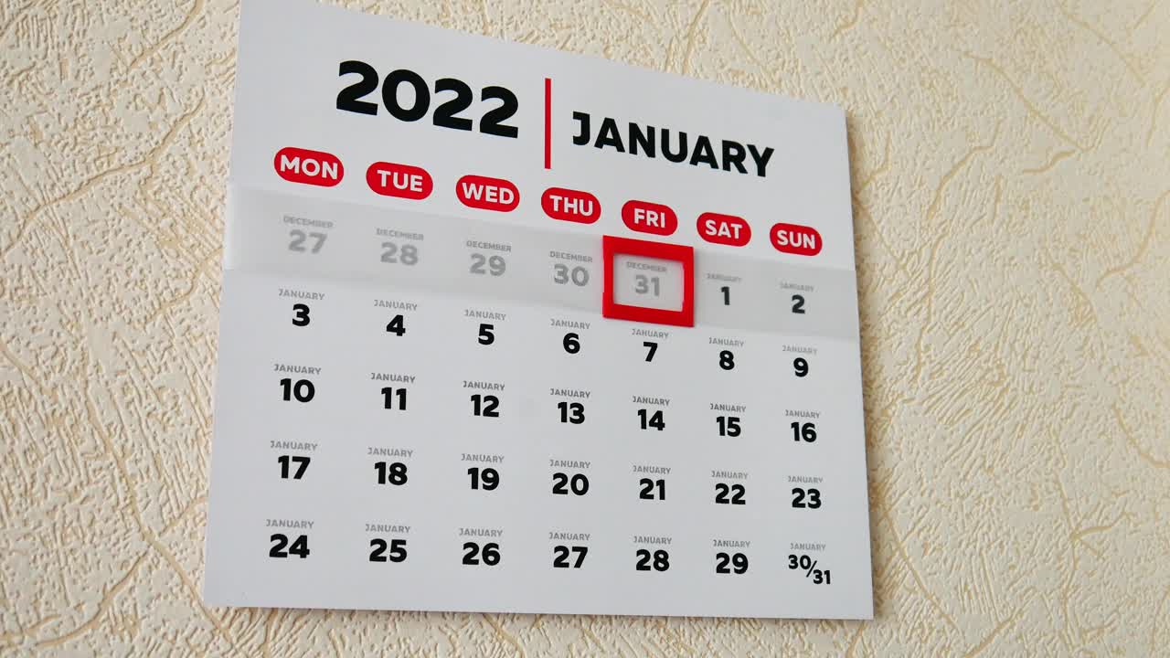 墙上挂历的第一页特写，2022年，一只男性的手将红色光标移动到1月1日视频素材