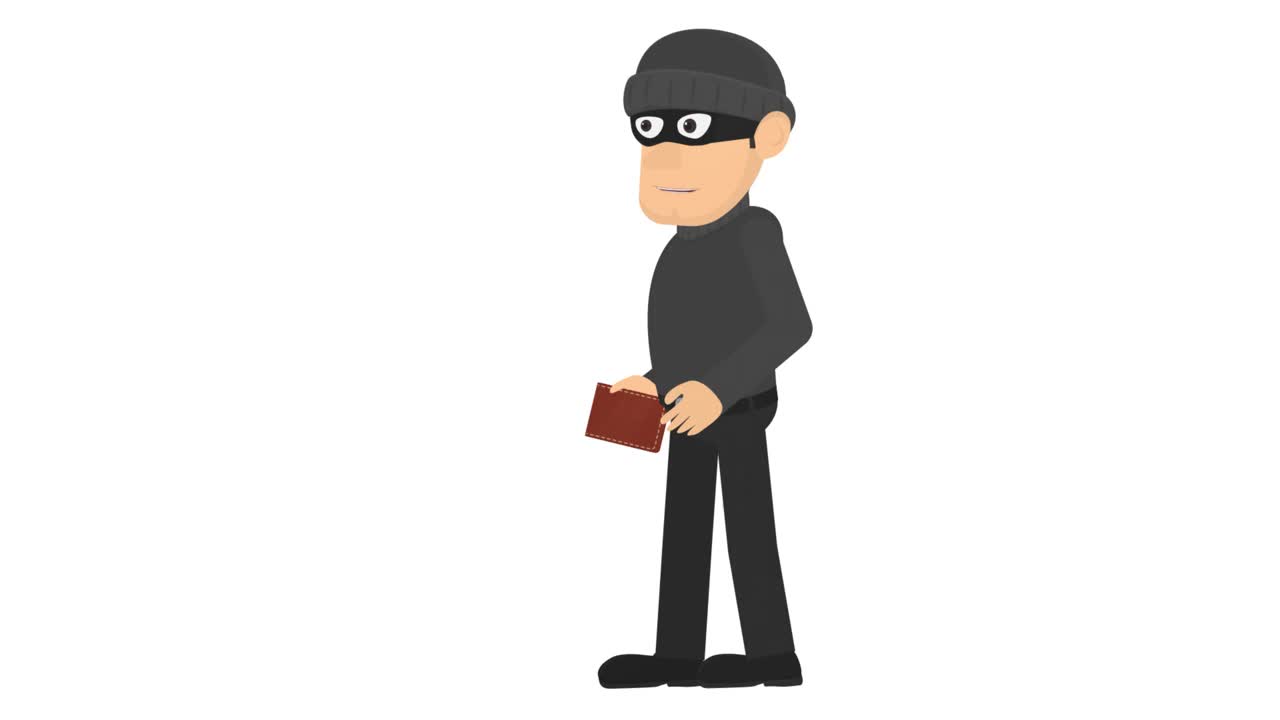 小偷。一个偷了钱包和钱的诈骗犯的动画。卡通视频下载