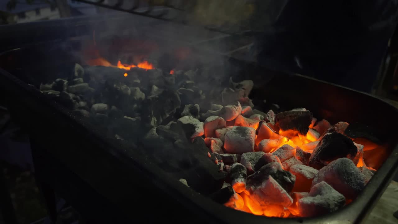 晚上在烧烤火上吃生鸡肉视频素材