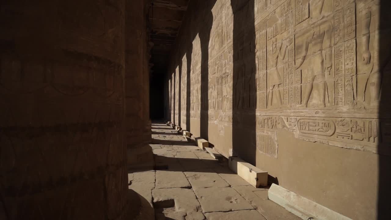 在埃及尼罗河附近的埃德夫神庙里，石雕上的神荷鲁斯和奥西里斯视频素材