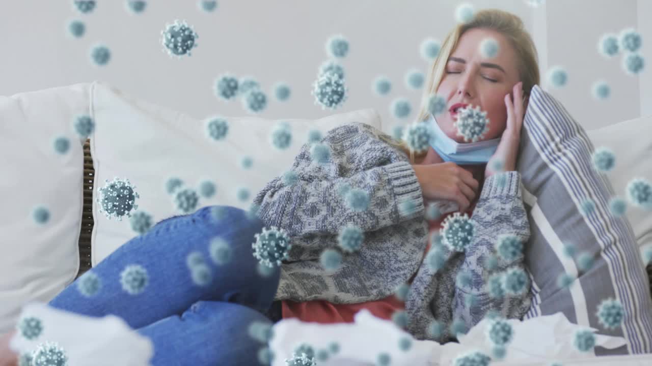 感染了covid - 19细胞的白人金发女人擤鼻涕的动画视频下载