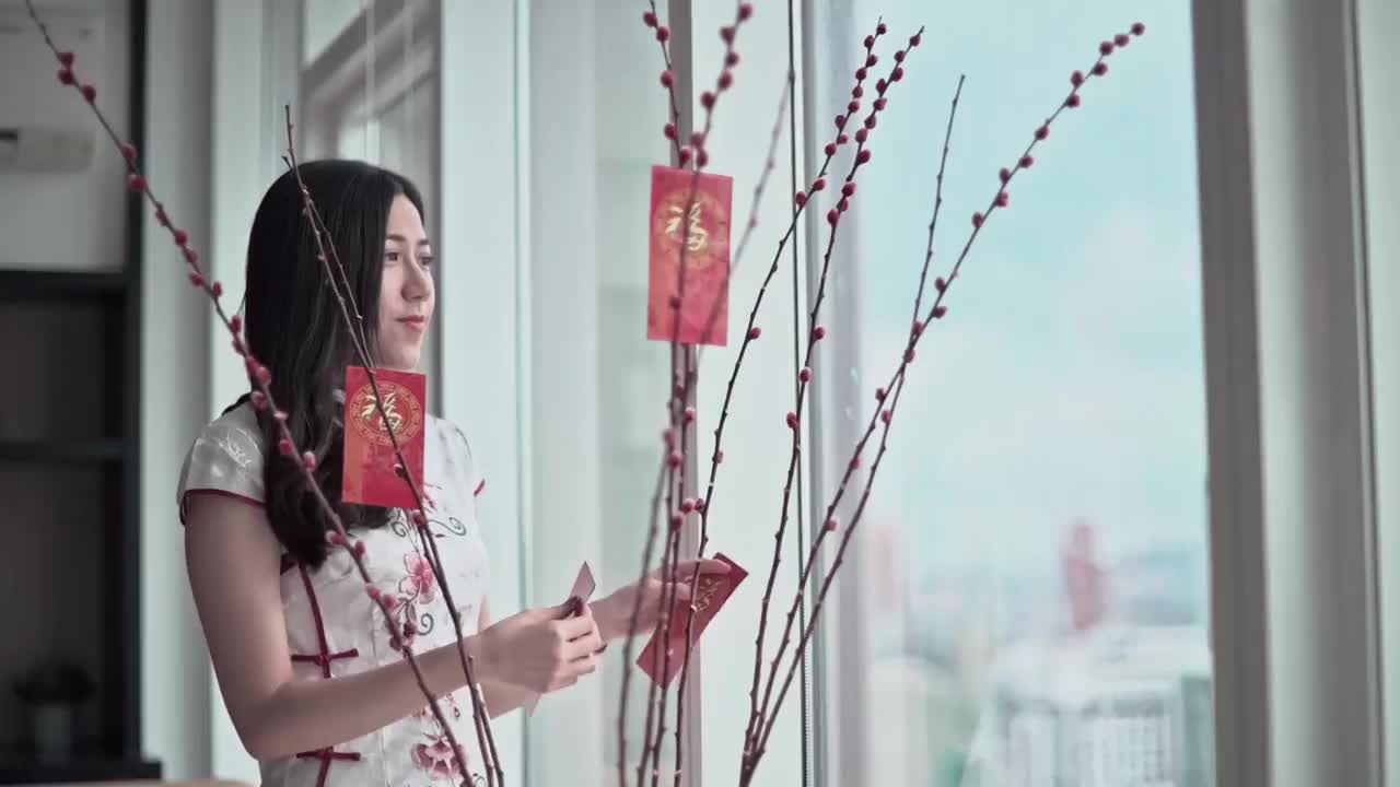 中国新年美丽的女人用柳树装饰客厅和装饰红包昂炮准备家庭团聚视频素材