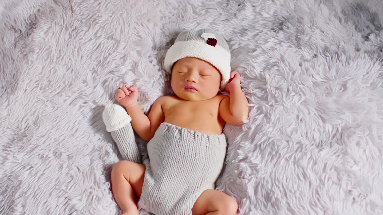 快乐的新生儿穿着可爱的服装躺在灰色地毯的背景上睡觉，舒适和安全。可爱的亚洲婴儿在婴儿床上睡觉和打盹视频素材