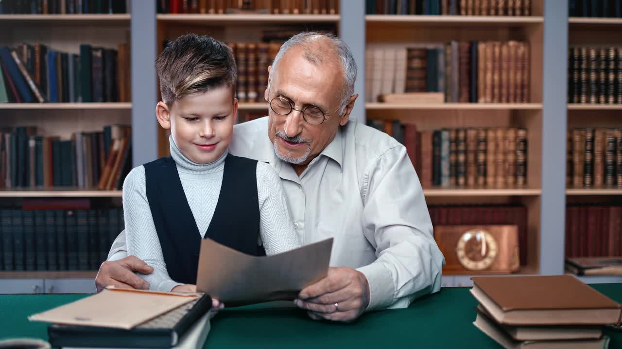 70年代爷爷帮着做作业，小可爱的男孙子坐在家里图书馆的复古桌子上视频下载