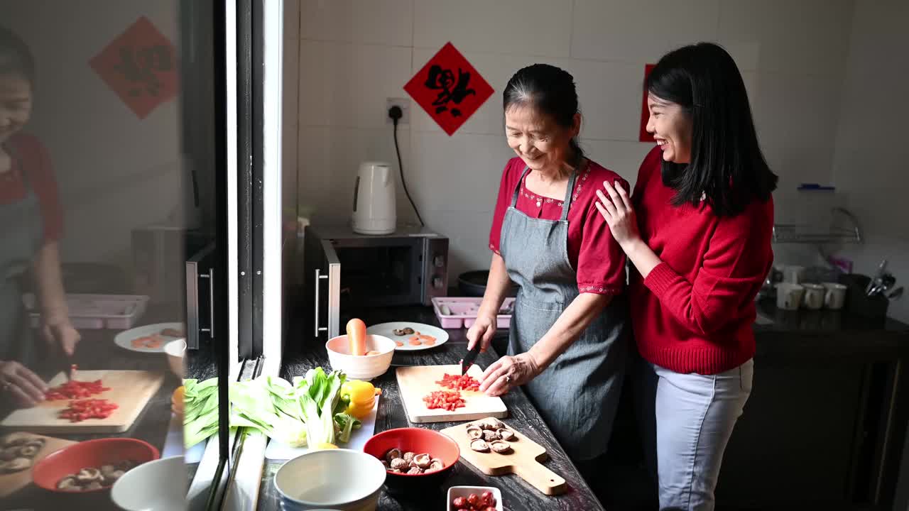 一位亚洲奶奶和她的孙女在为他们的年夜饭准备食物视频下载
