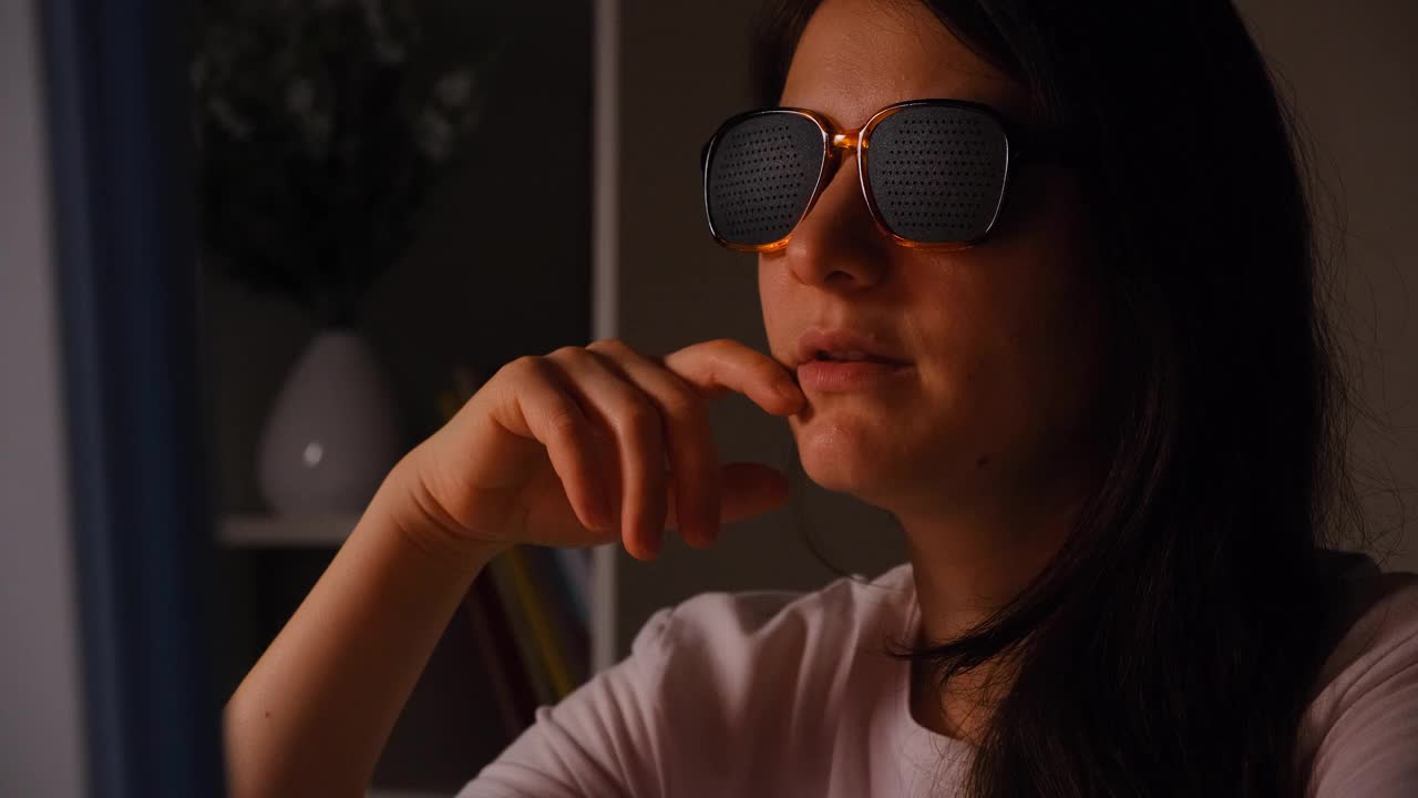 一位戴着穿孔眼镜的妇女看着电脑屏幕。视频下载