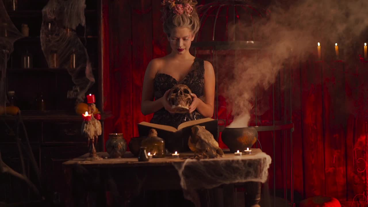 万圣节女巫与坩埚和魔法书。一个美丽的年轻女人在变魔术视频素材