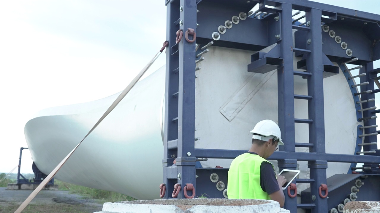 机械工程师检查风力涡轮机的螺旋桨视频素材