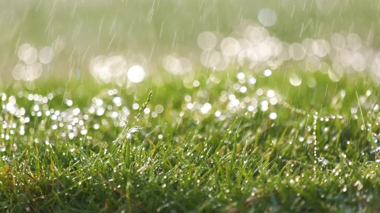 夏天雨滴落在绿色草地上的特写视频素材