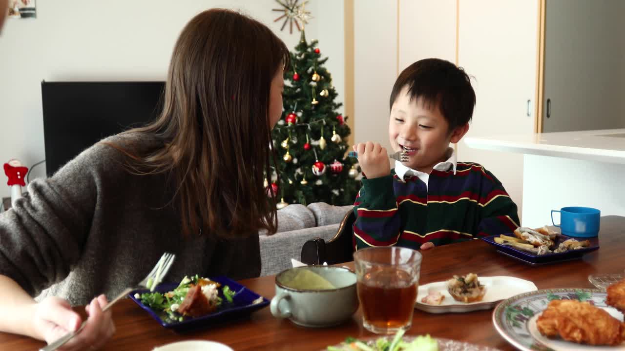 儿子和母亲正在享用圣诞午餐视频下载