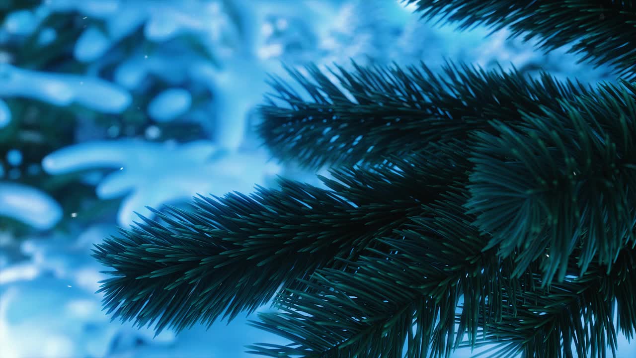 圣诞和新年背景。夜魔雪林和星星皎洁的蓝天。圣诞夜的村庄。前进。景深。3d动画视频素材