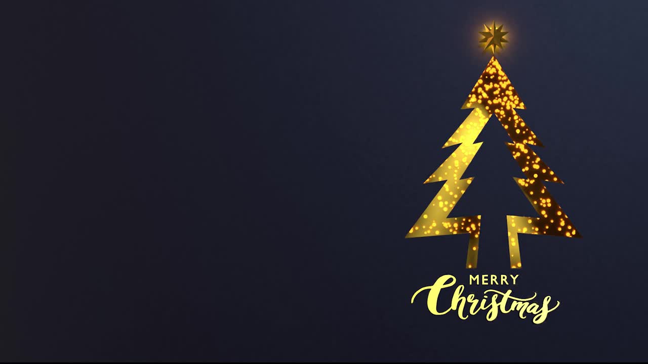 新年贺卡与圣诞树制作的黄金饰品在蓝色背景上的4K分辨率视频素材