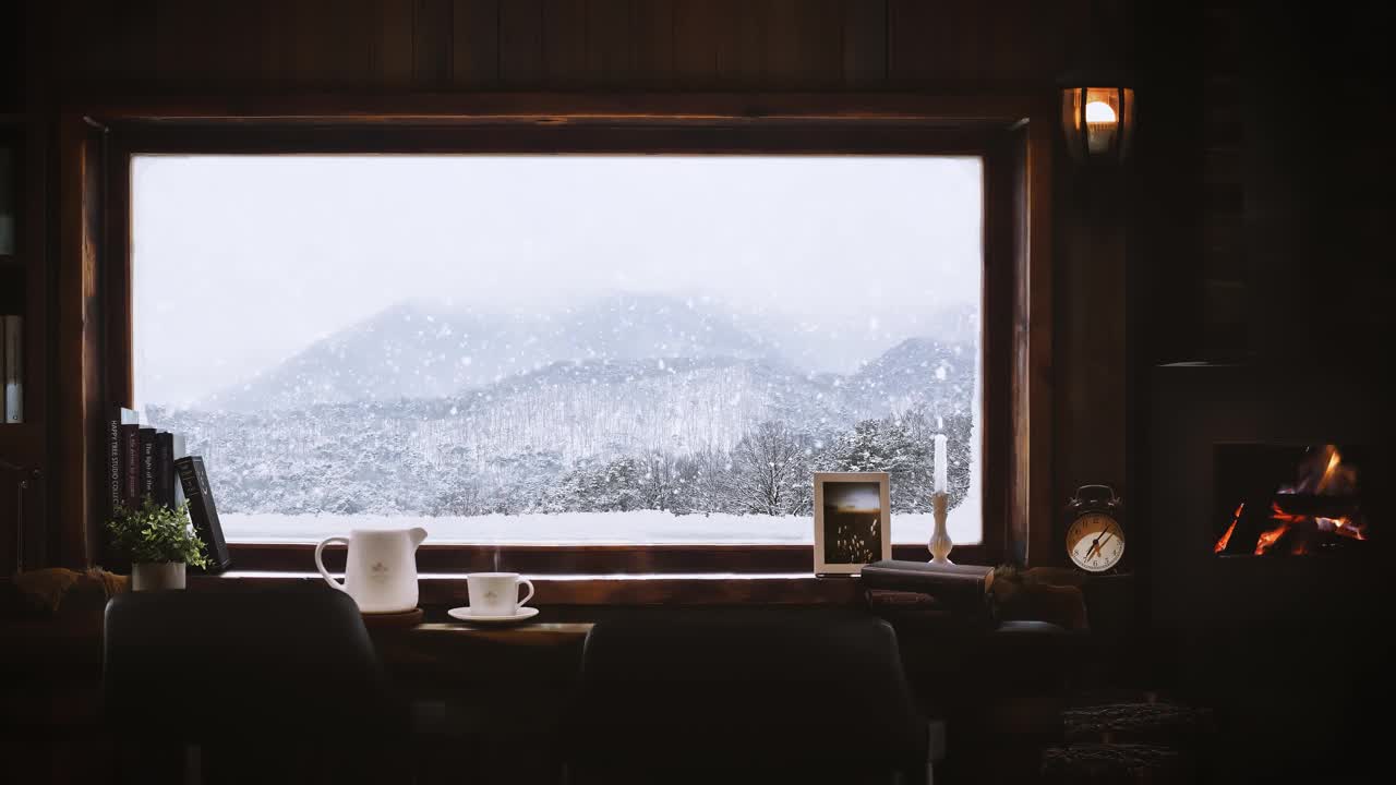 壁炉、咖啡和从温暖的山间小屋看到的雪景视频下载