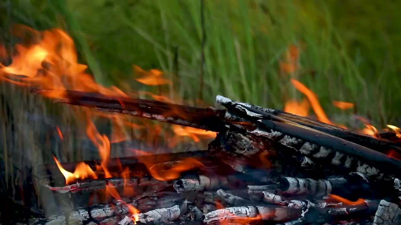 燃烧的火焰在绿草的背景上，时间的回旋，asmr视频下载