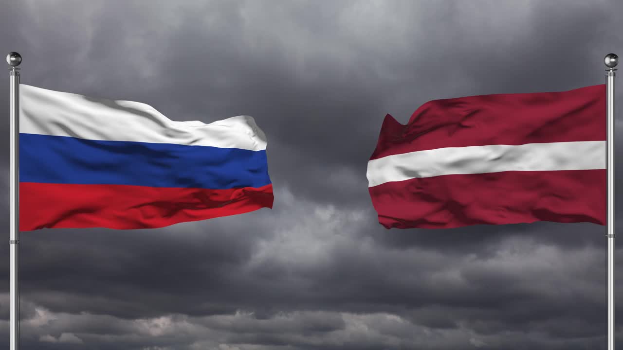 俄罗斯和拉脱维亚国旗相互挥舞|循环。视频素材