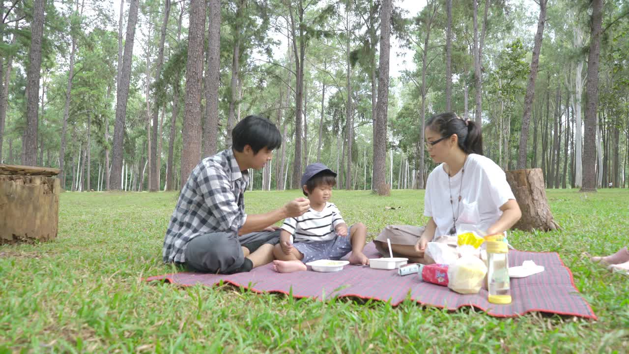 亚洲家庭在节日期间一起在松树公园野餐视频下载