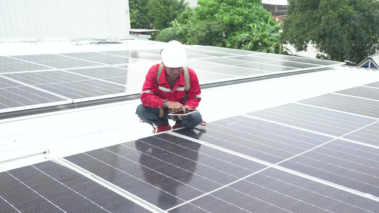 在工厂屋顶安装和维护太阳能电池板视频素材