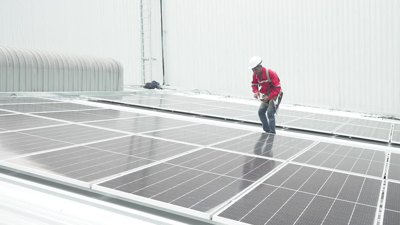 在高处安装太阳能电池板的工人视频素材
