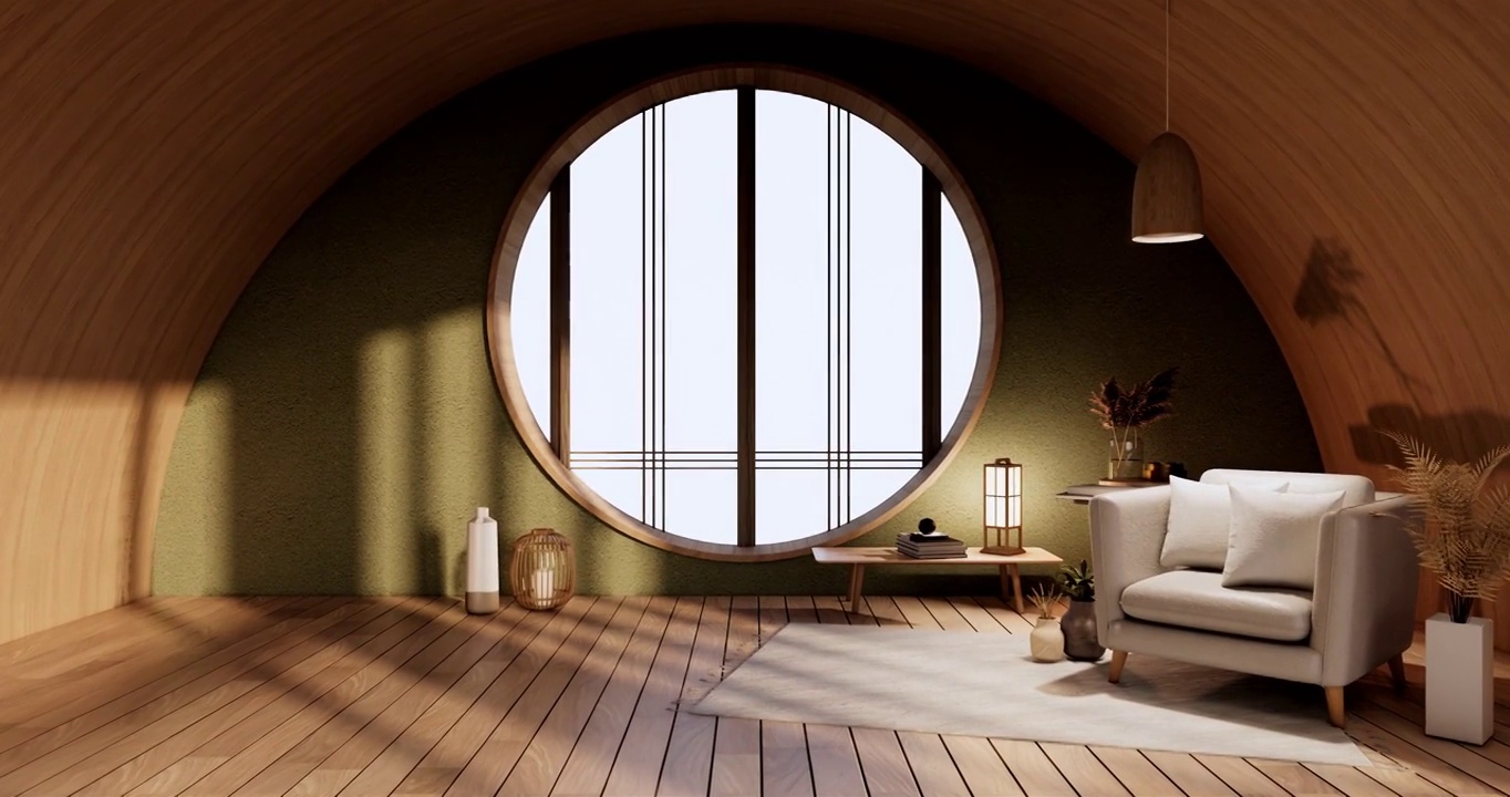 沙发家具及植物，绿色现代居室设计。三维渲染视频下载