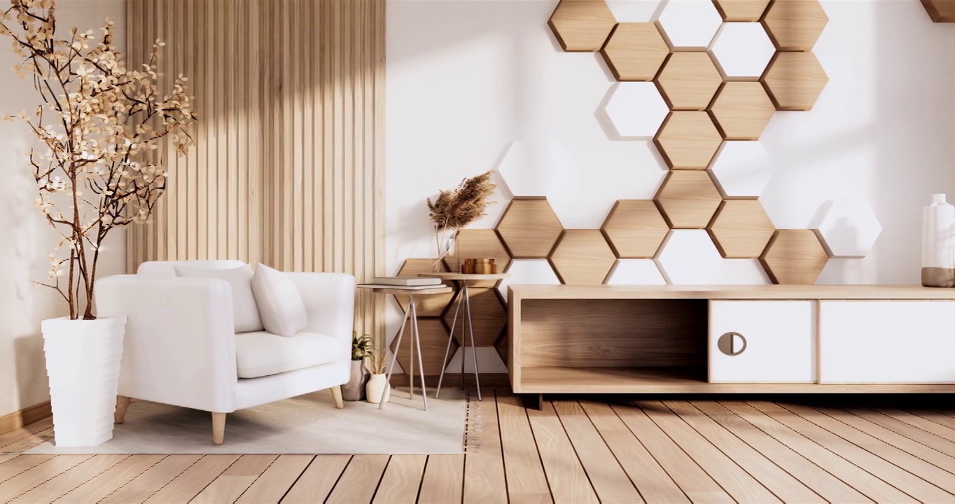 阁楼风格，木地板上的白色墙壁，地毯上的沙发扶手椅。三维渲染视频下载