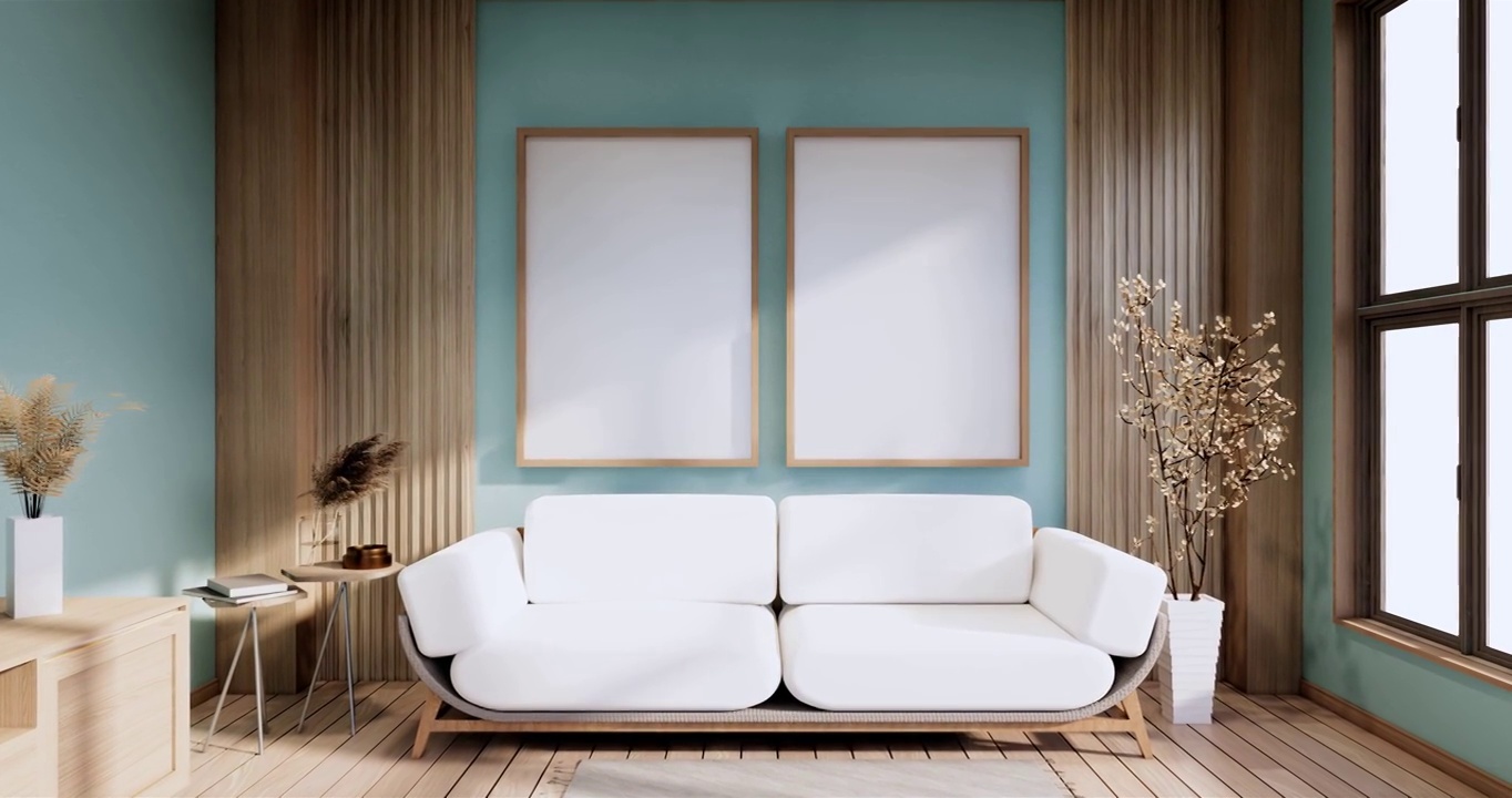 薄荷墙设计房间装饰，灯，植物，地毯，沙发。三维渲染视频下载