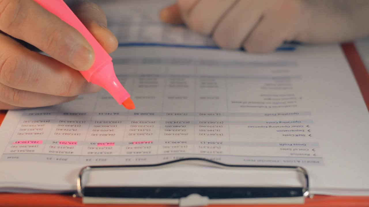 经理用粉红色记号笔递上“分析商业财务报告电子表格”视频下载